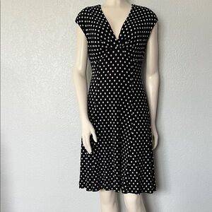 Chaps Black White Polka Dot Dress Small V Neck A Line Work Office Classic Midi